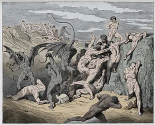 Inferno, zang 18: duivels en verleiders, illustratie uit De goddelijke komedie van Dante Alighieri, 1885
